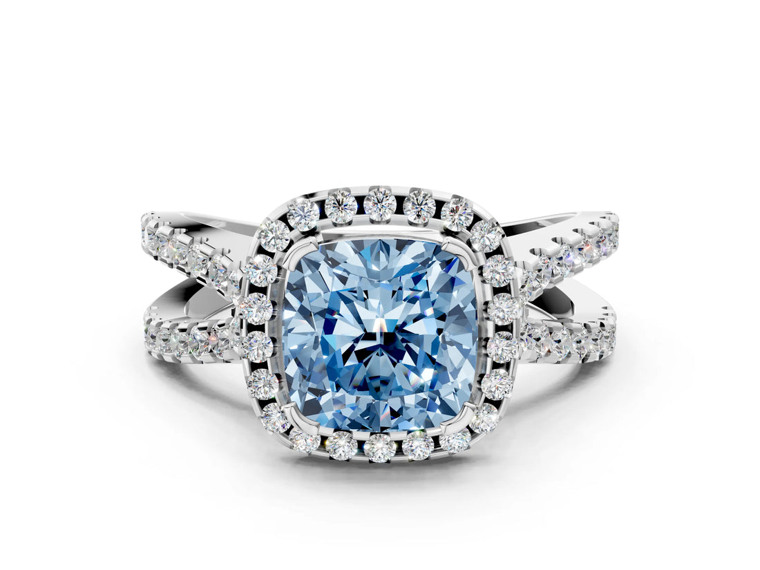 White gold Fancy Blue Cushion Cut Diamond Halo Ring with Split Shank Pavé Band and Prong Setting_79