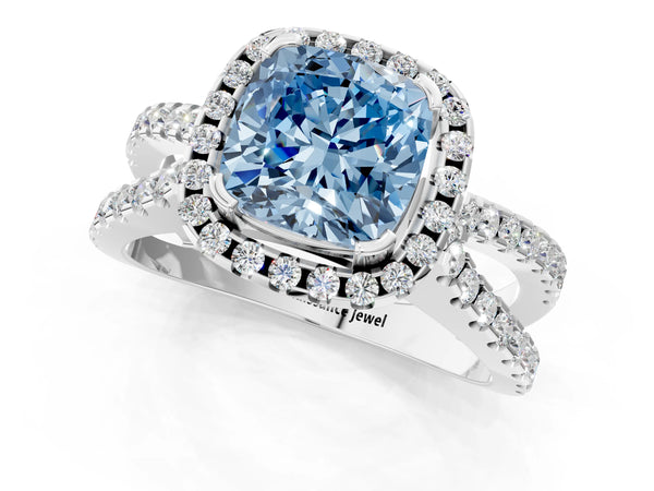 Platinum Fancy Blue Cushion Cut Diamond Halo Ring with Split Shank Pavé Band and Prong Setting