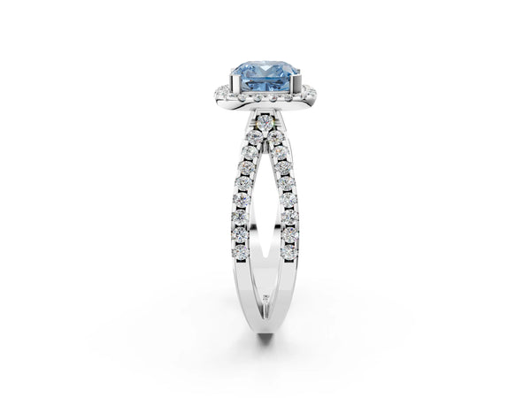 Platinum Fancy Blue Cushion Cut Diamond Halo Ring with Split Shank Pavé Band and Prong Setting