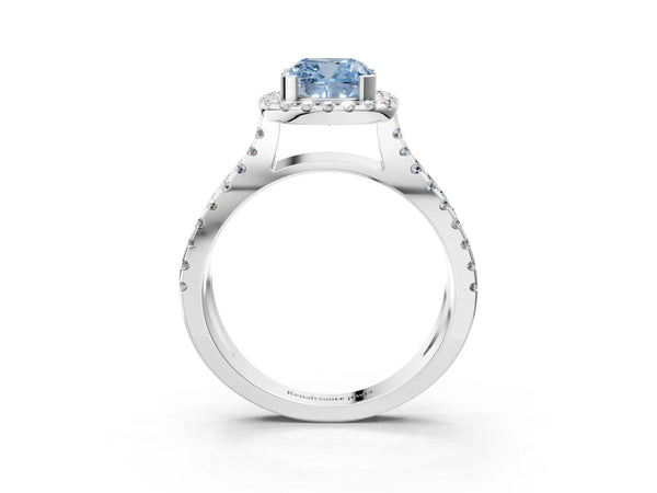 Platinum Fancy Blue Cushion Cut Diamond Halo Ring with Split Shank Pavé Band and Prong Setting