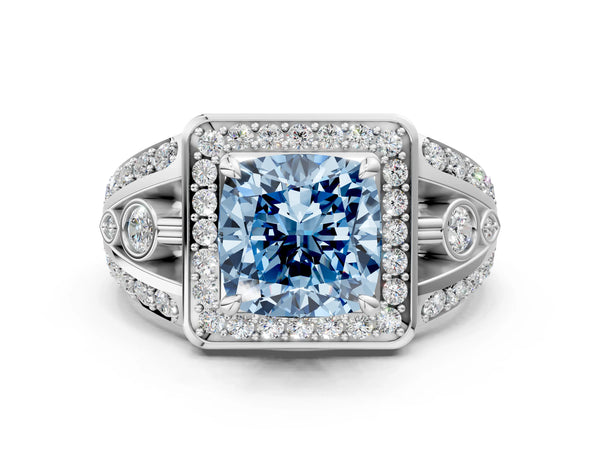 White gold Fancy Blue Cushion Cut Diamond Halo Ring with Split Shank and Bezel Accents and Four-Prong Setting