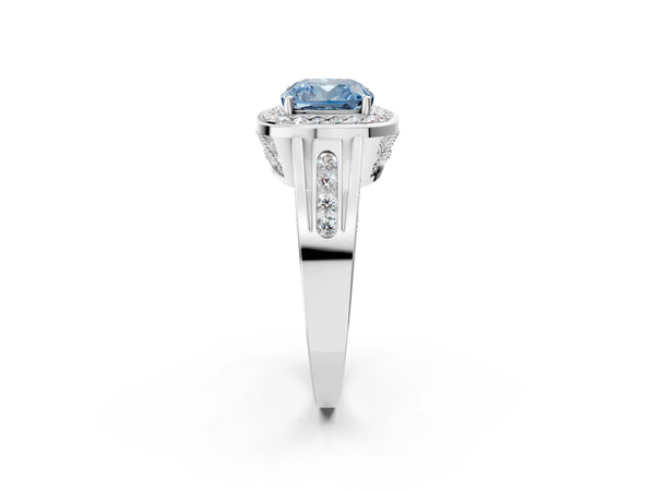 White gold Fancy Blue Cushion Cut Diamond Halo Ring with Split Shank and Bezel Accents and Prong Setting