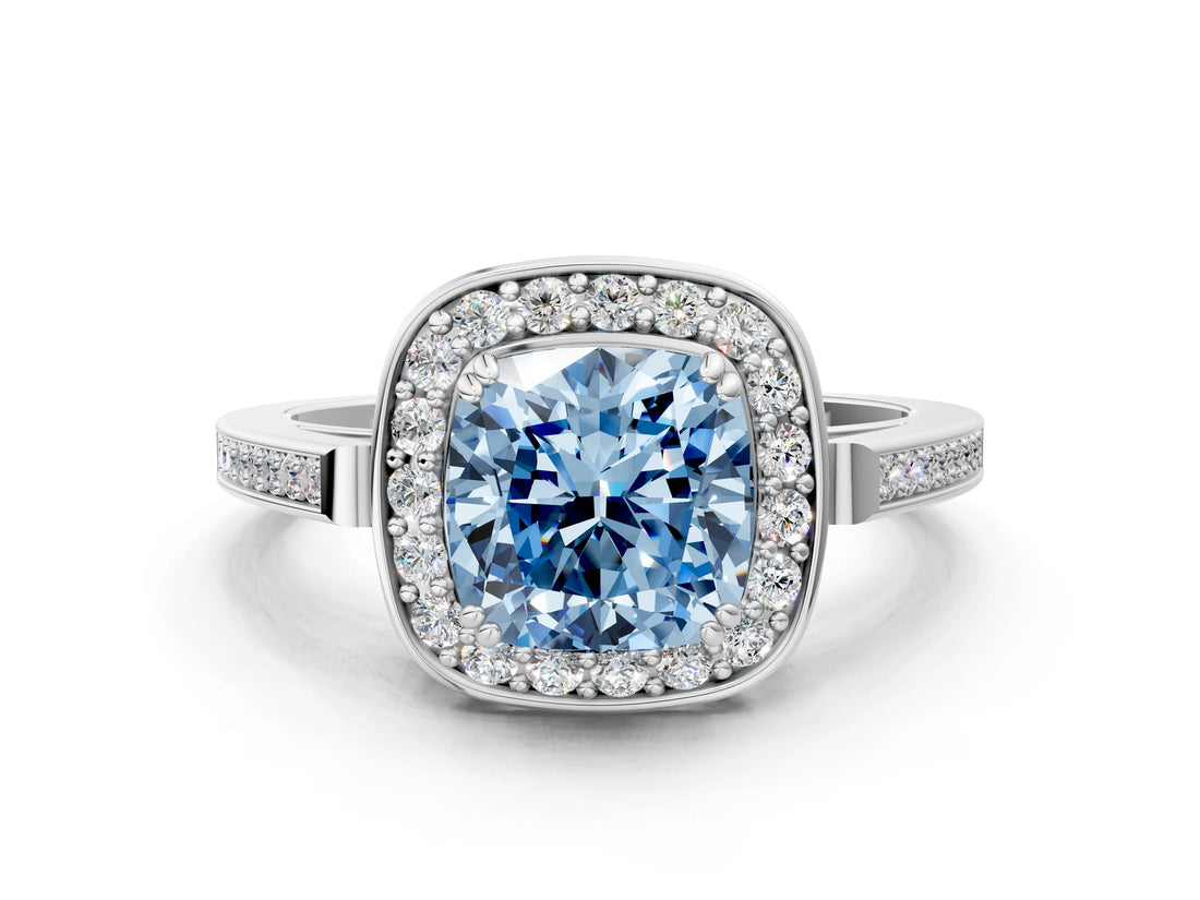 White gold Fancy Blue Cushion Cut Diamond Halo Ring with Split Shank and Four-Prong Setting_58