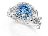 White gold Fancy Blue Cushion Cut Diamond Halo Ring with Vintage Split Shank and Four-Prong Setting_86