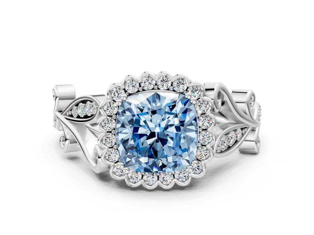 White gold Fancy Blue Cushion Cut Diamond Halo Ring with Vintage Split Shank and Four-Prong Setting_93