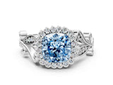 White gold Fancy Blue Cushion Cut Diamond Halo Ring with Vintage Split Shank and Four-Prong Setting_93