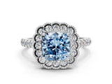 White gold Fancy Blue Cushion  Cut Diamond Milgrain Floral Halo Engagement Ring with Pavé Band_15