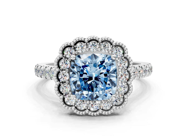 Platinum Fancy Blue Cushion  Cut Diamond Milgrain Floral Halo Engagement Ring with Pavé Band