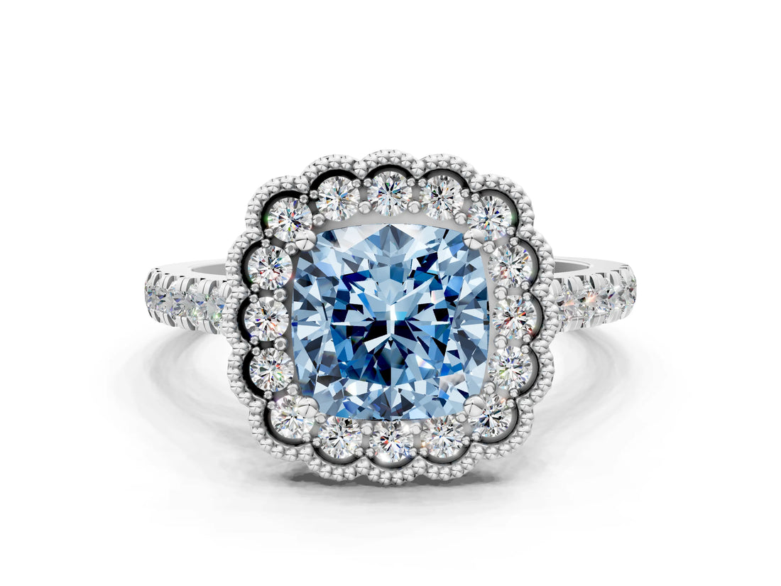 White gold Fancy Blue Cushion  Cut Diamond Milgrain Floral Halo Engagement Ring with Pavé Band_15