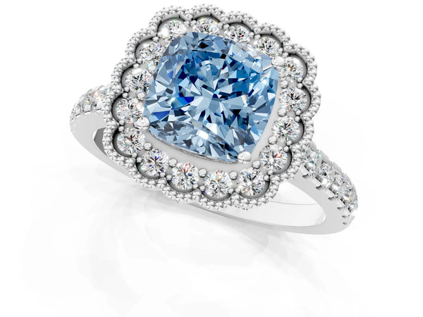 Platinum Fancy Blue Cushion  Cut Diamond Milgrain Floral Halo Engagement Ring with Pavé Band