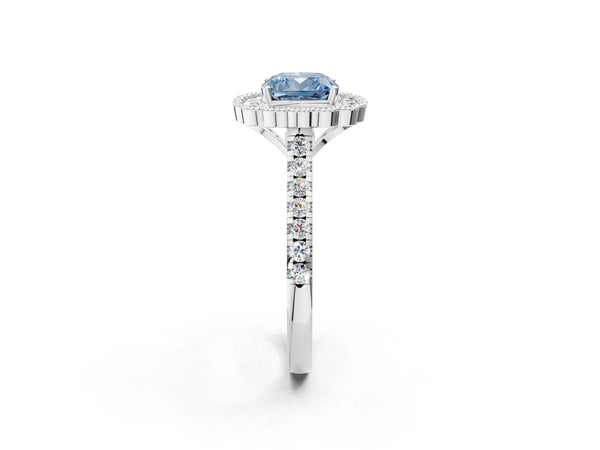 Platinum Fancy Blue Cushion  Cut Diamond Milgrain Floral Halo Engagement Ring with Pavé Band