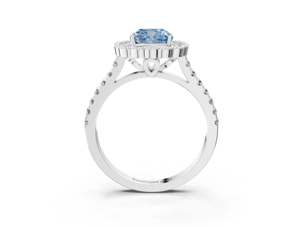 Platinum Fancy Blue Cushion  Cut Diamond Milgrain Floral Halo Engagement Ring with Pavé Band