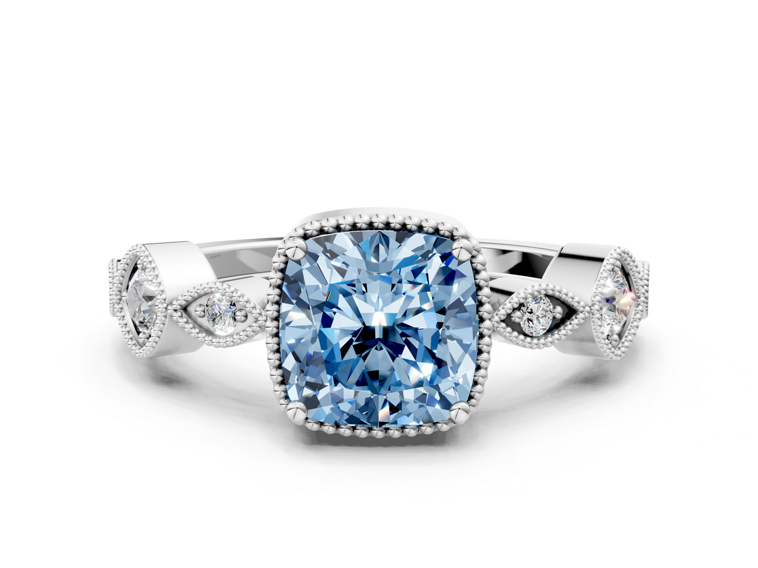 White gold Fancy Blue Cushion  Cut Diamond Milgrain Marquise Band with Prong Setting_3