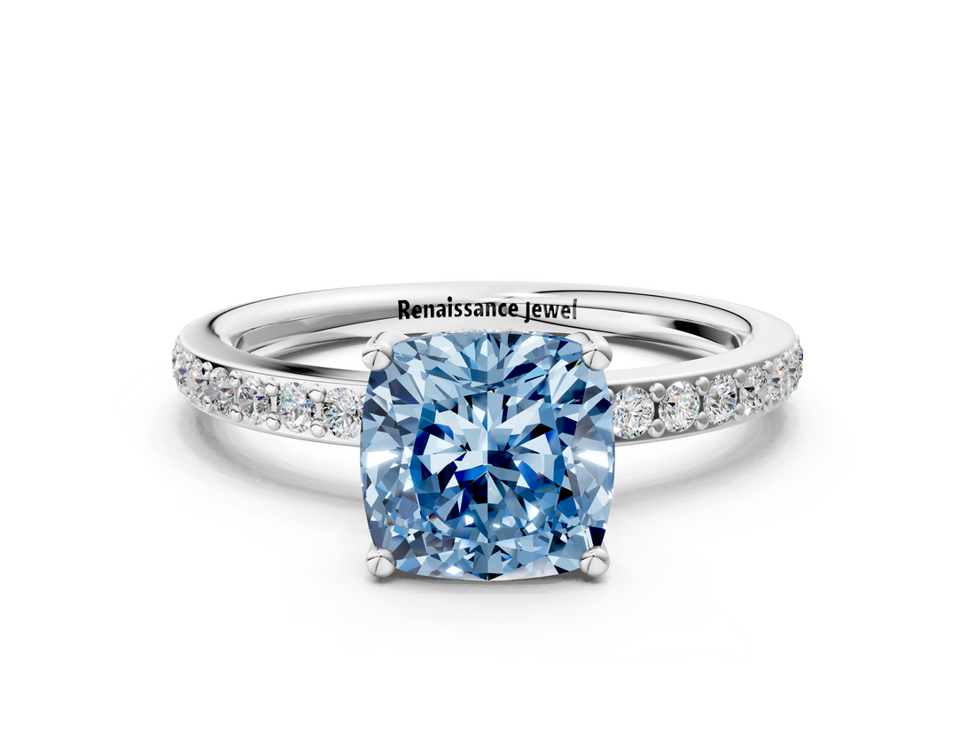 White gold Fancy Blue Cushion  Cut Diamond Pavé Band Ring with Four-Prong Setting_41