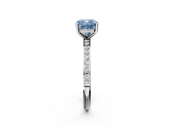 Platinum Fancy Blue Cushion  Cut Diamond Pavé Band Ring with Four-Prong Setting