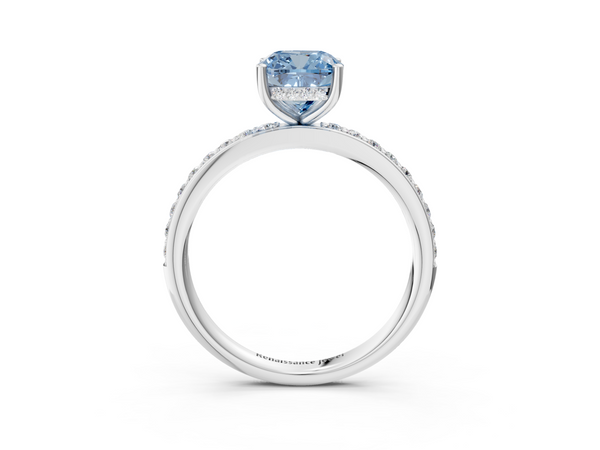 Platinum Fancy Blue Cushion  Cut Diamond Pavé Band Ring with Four-Prong Setting