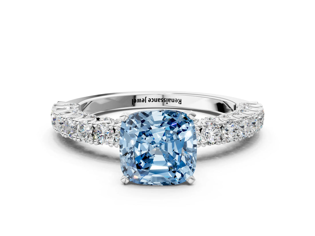 White gold Fancy Blue Cushion Cut Diamond Pavé Band Solitaire Ring with Prong Setting_71