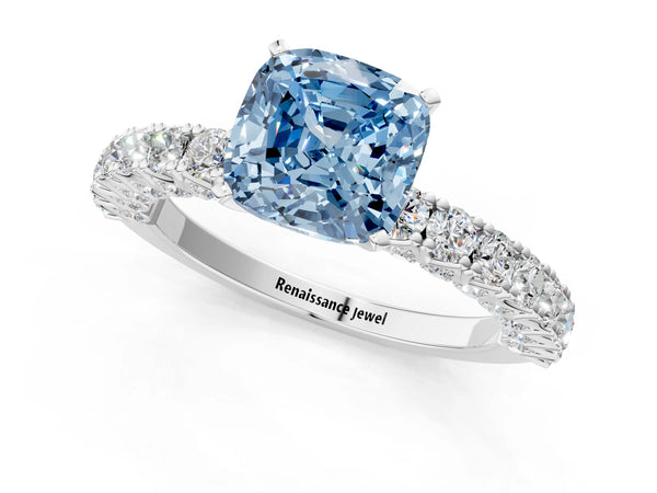 White gold Fancy Blue Cushion Cut Diamond Pavé Band Solitaire Ring with Prong Setting