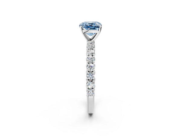 White gold Fancy Blue Cushion Cut Diamond Pavé Band Solitaire Ring with Prong Setting