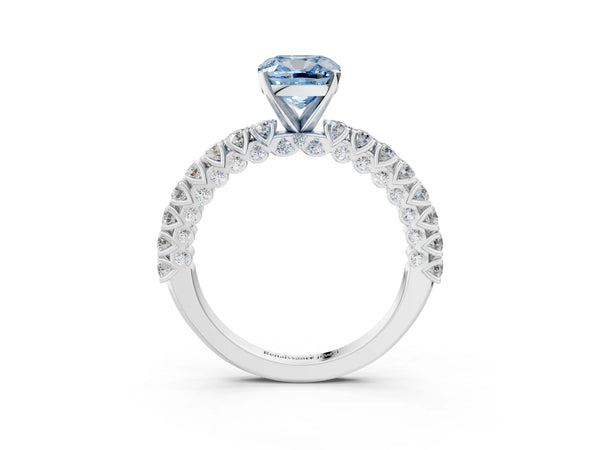 White gold Fancy Blue Cushion Cut Diamond Pavé Band Solitaire Ring with Prong Setting