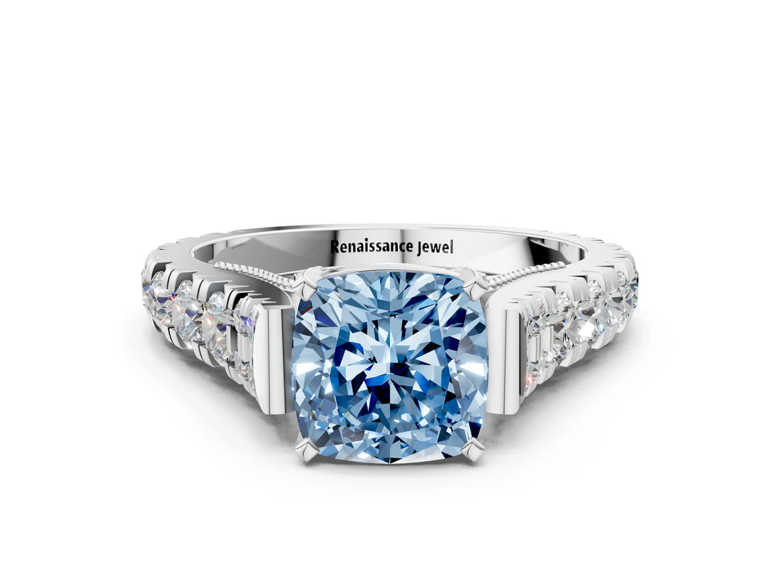 White gold Fancy Blue Cushion  Cut Diamond Pavé Band Solitaire with Four-Prong Setting_15