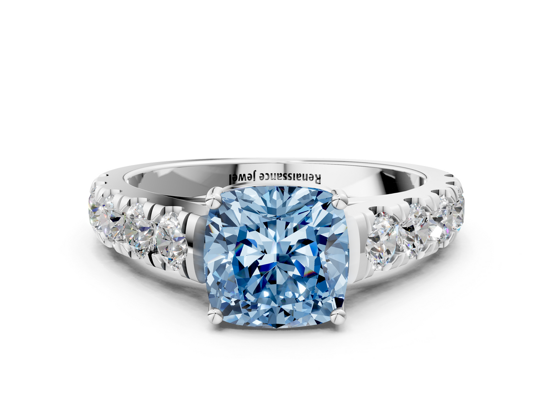 White gold Fancy Blue Cushion  Cut Diamond Pavé Band Solitaire with Four-Prong Setting_3