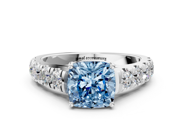Platinum Fancy Blue Cushion  Cut Diamond Solitaire Ring with Micro Pave Band and Prong Setting