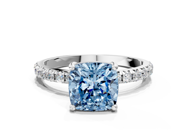 Sterling Silver Cushion Cut Solitaire Engagement Ring Setting for Fancy Blue Center with Single Row Pave Band