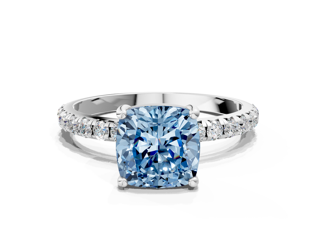 White gold Fancy Blue Cushion  Cut Diamond Pavé Band Solitaire with Four-Prong Setting_3