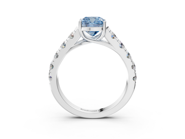 Platinum Fancy Blue Cushion  Cut Diamond Solitaire Ring with Micro Pave Band and Prong Setting