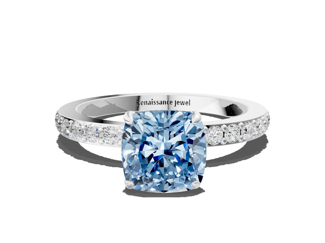 White gold Fancy Blue Cushion Cut Diamond Pavé Engagement Ring with Round  Accents and Prong Setting_108