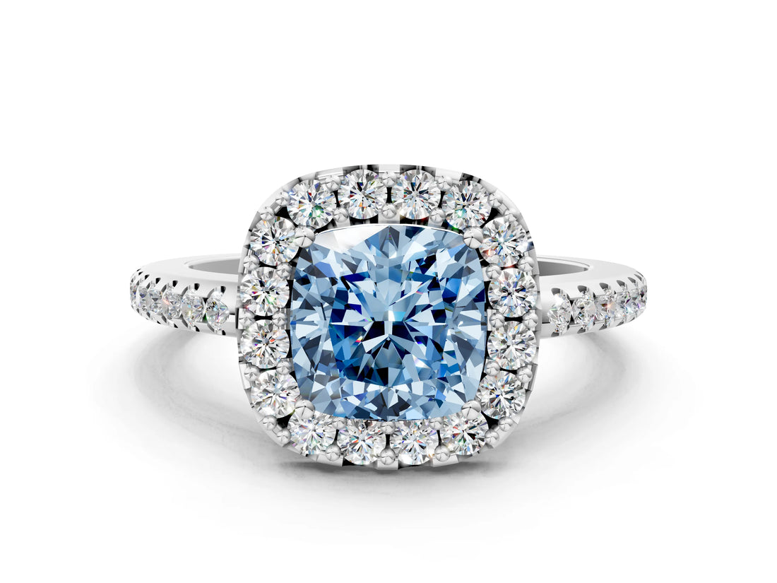 White gold Fancy Blue Cushion Cut Diamond Pavé Halo Ring with Four-Prong Setting_47