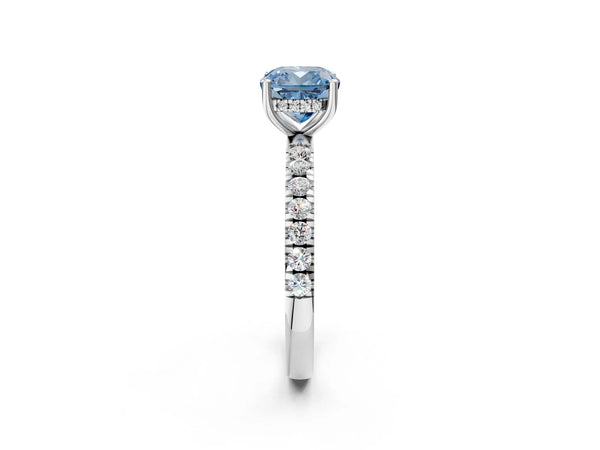 White gold Fancy Blue Cushion Cut Diamond Pave Band Solitaire Ring with Round  and Prong Setting