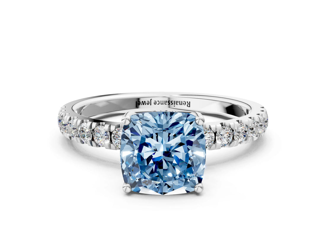 White gold Fancy Blue Cushion Cut Diamond Pave Band Solitaire Ring with Round  and Prong Setting_132