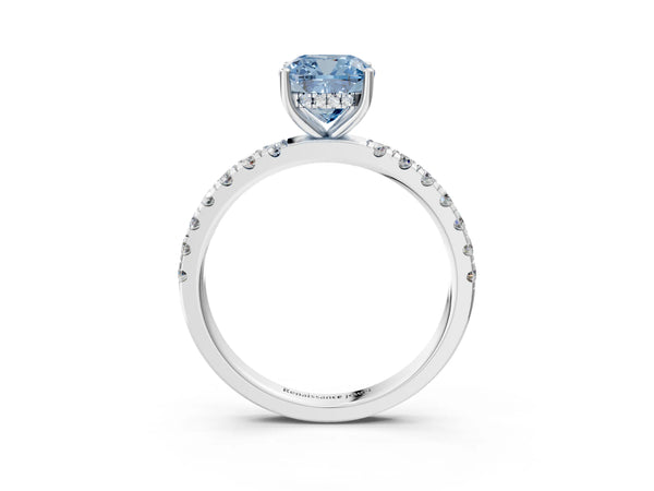 White gold Fancy Blue Cushion Cut Diamond Pave Band Solitaire Ring with Round  and Prong Setting