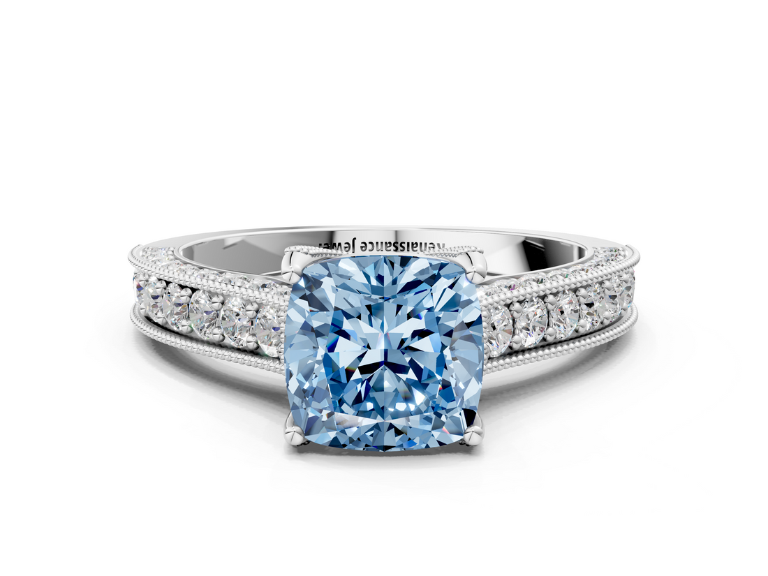 White gold Fancy Blue Cushion  Cut Diamond Pave Band with Four-Prong Setting_20