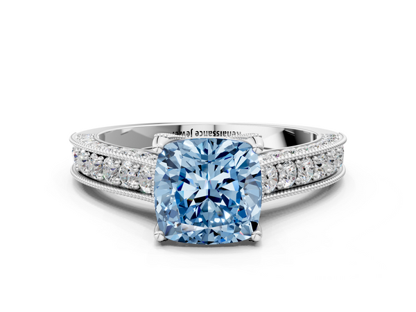 Platinum Fancy Blue Cushion  Cut Diamond Solitaire Ring with Milgrain Pave Band and Four Prong Setting