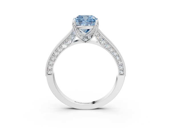 Platinum Fancy Blue Cushion  Cut Diamond Solitaire Ring with Milgrain Pave Band and Four Prong Setting