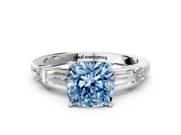White gold Fancy Blue Cushion  Cut Diamond Ring with Baguette Side Stones, Channel Set Band, and Four-Prong Setting