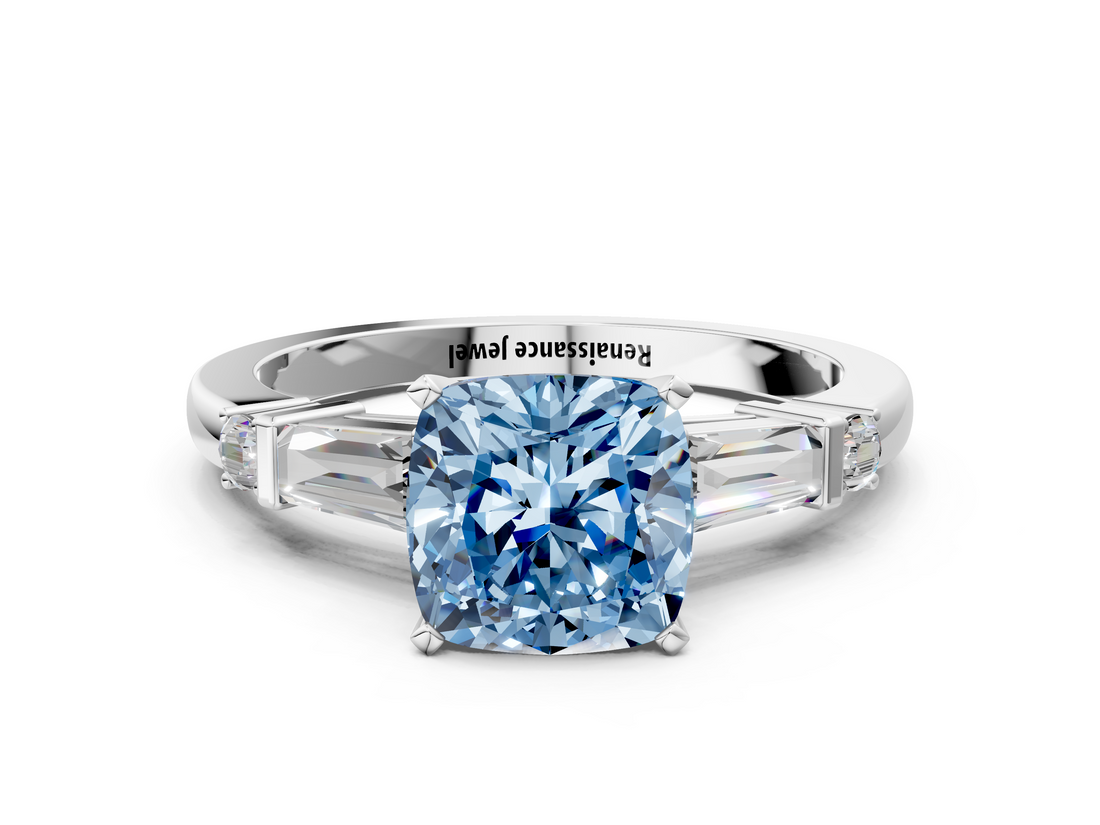 White gold Fancy Blue Cushion  Cut Diamond Ring with Baguette Side Stones, Channel Set Band, and Four-Prong Setting_3