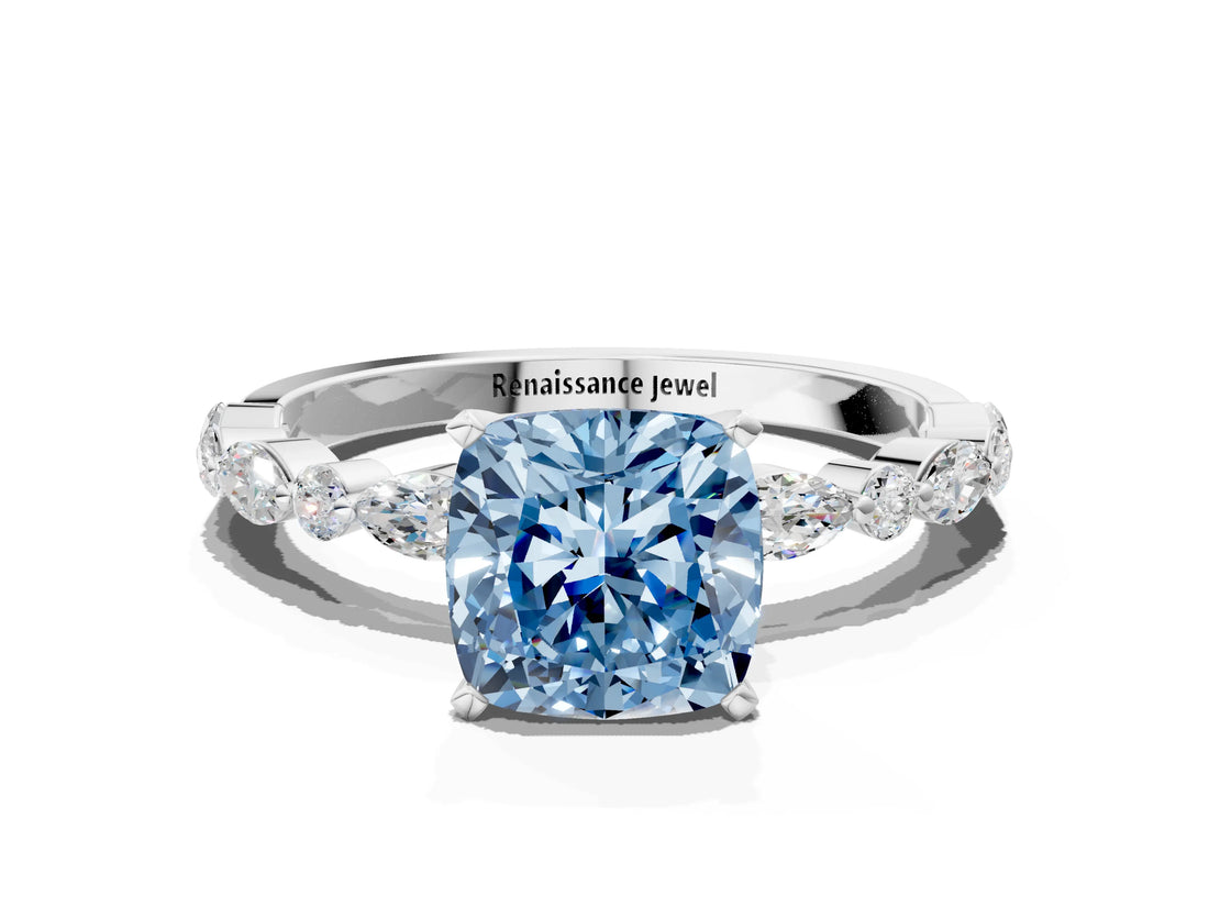 White gold Fancy Blue Cushion Cut Diamond Ring with Marquise and Round  Side Stones and Four-Prong Setting_64