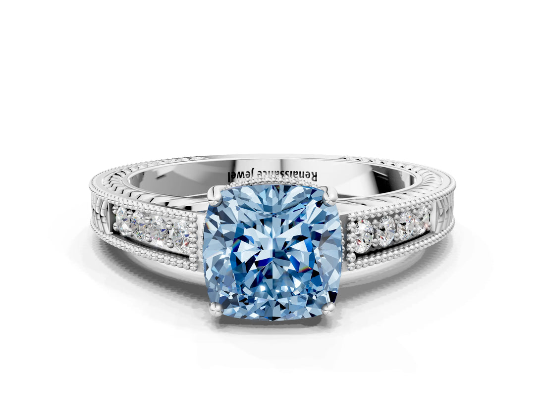 White gold Fancy Blue Cushion Cut Diamond Ring with Milgrain Pavé Band and Four-Prong Setting_31