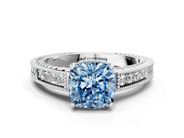 Platinum Fancy Blue Cushion Cut Diamond Ring with Milgrain Pavé Band and Four-Prong Setting