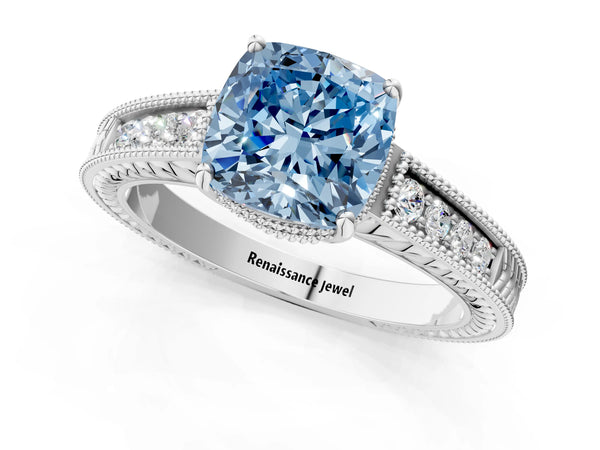 Platinum Fancy Blue Cushion Cut Diamond Ring with Milgrain Pavé Band and Four-Prong Setting