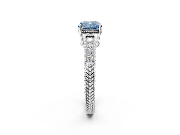 Platinum Fancy Blue Cushion Cut Diamond Ring with Milgrain Pavé Band and Four-Prong Setting