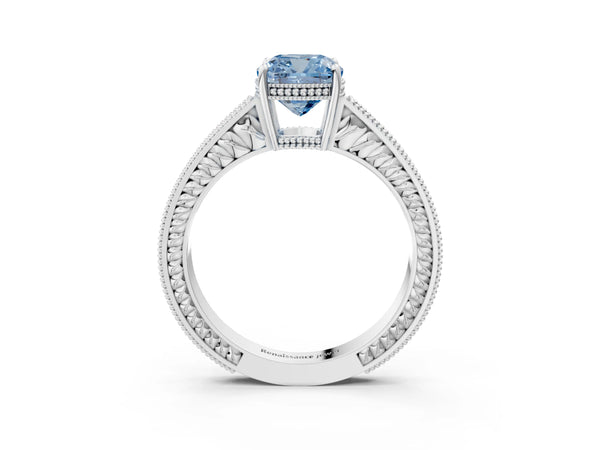 Platinum Fancy Blue Cushion Cut Diamond Ring with Milgrain Pavé Band and Four-Prong Setting