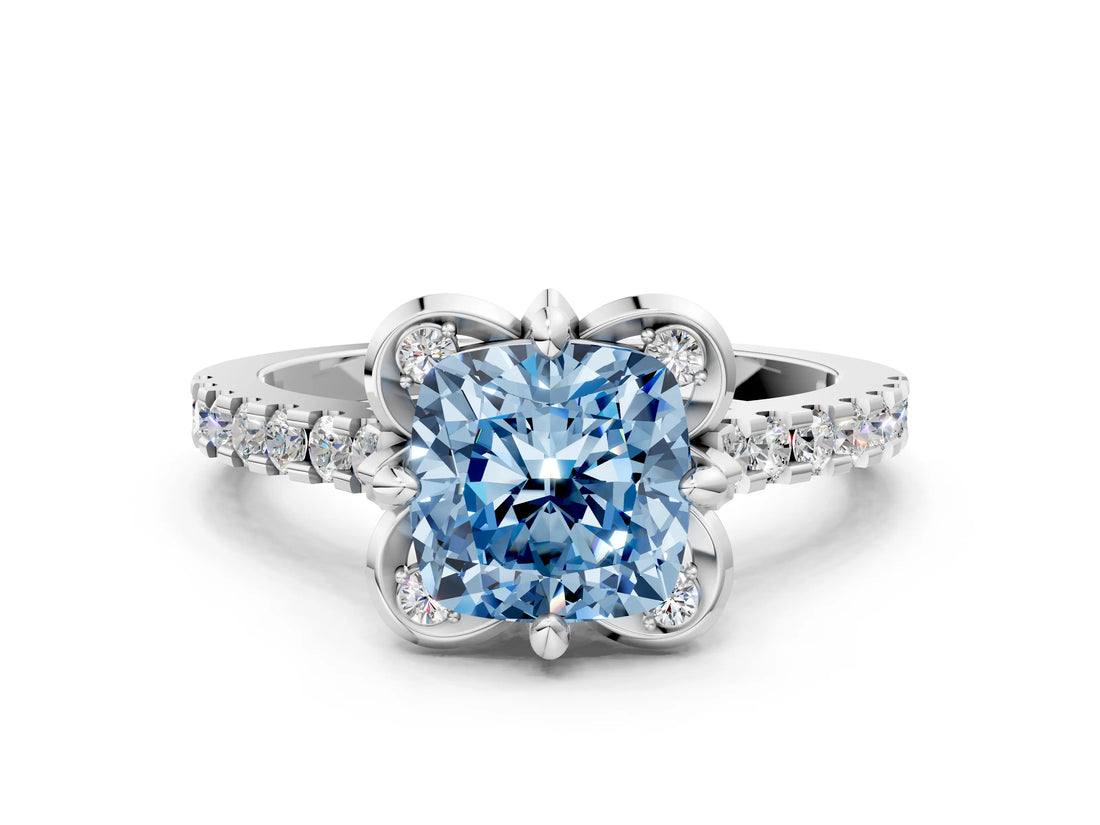 White gold Fancy Blue Cushion Cut Diamond Ring with Pavé Band and Floral Prong Setting_39