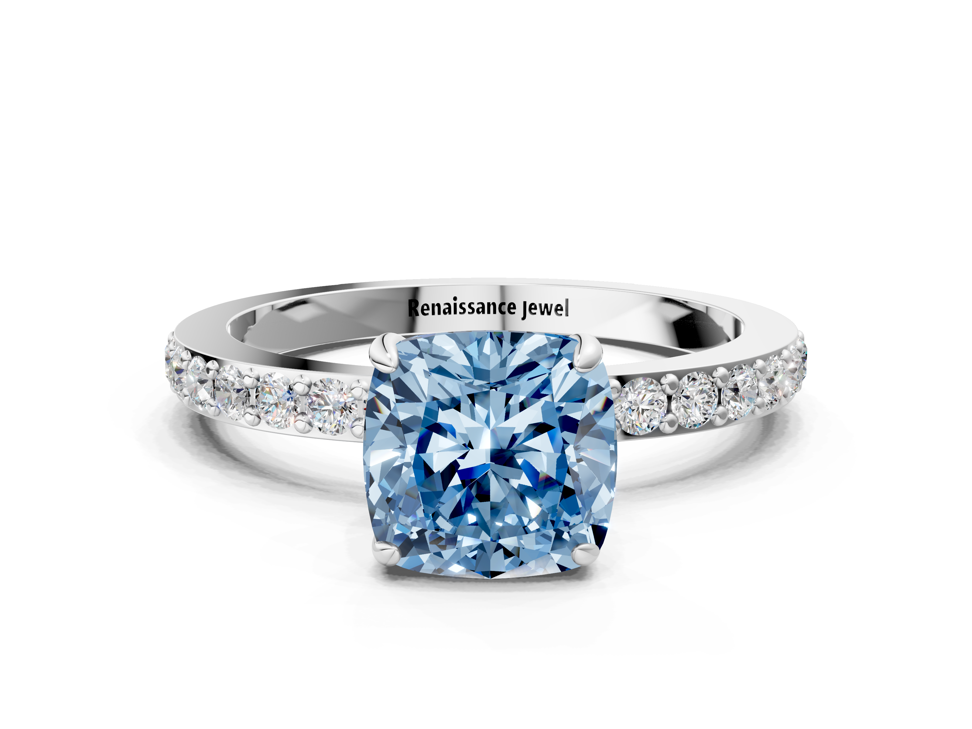 White gold Fancy Blue Cushion  Cut Diamond Ring with Pavé Band and Four-Prong Setting_67