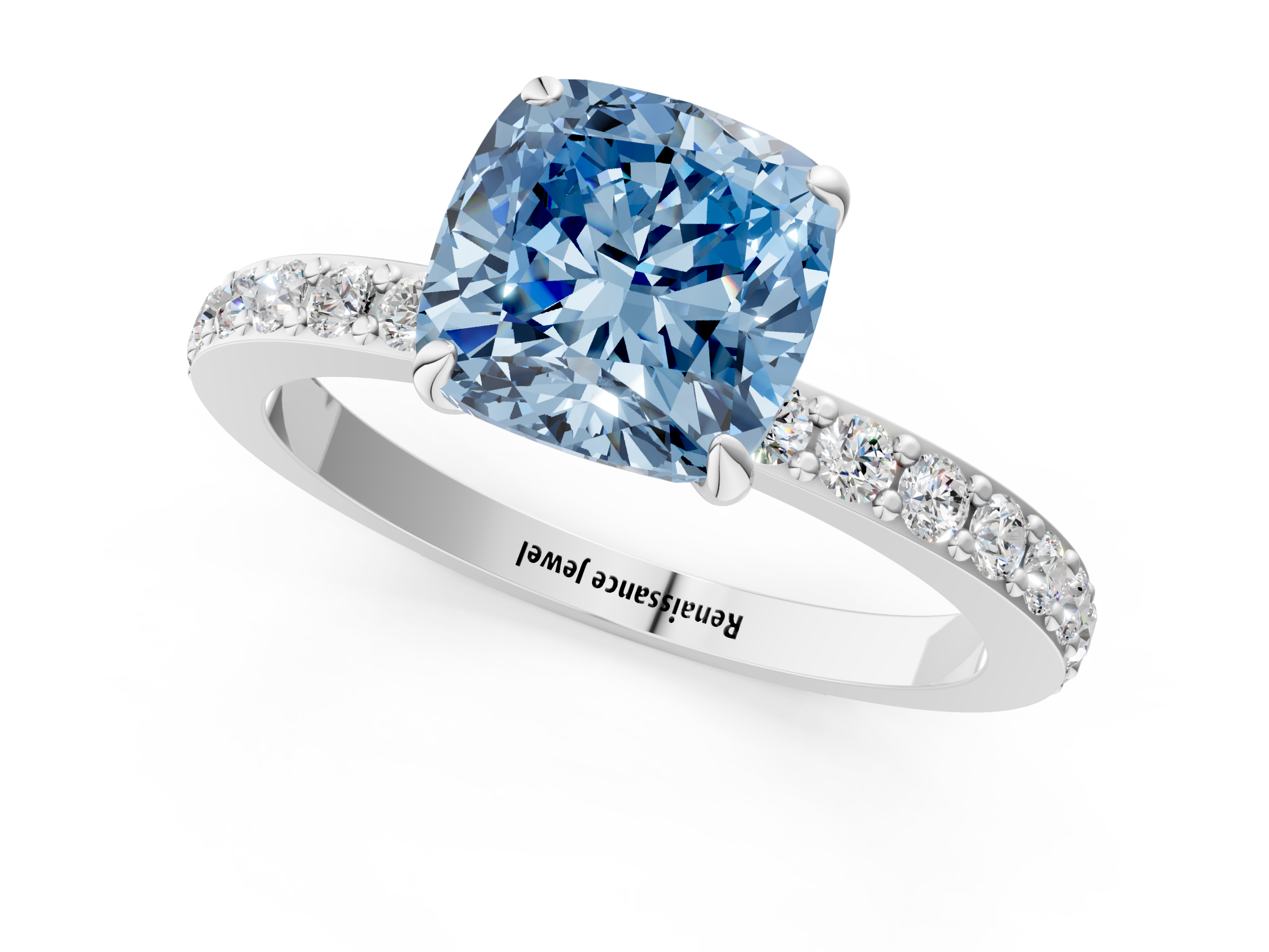 White gold Fancy Blue Cushion  Cut Diamond Ring with Pavé Band and Four-Prong Setting_68