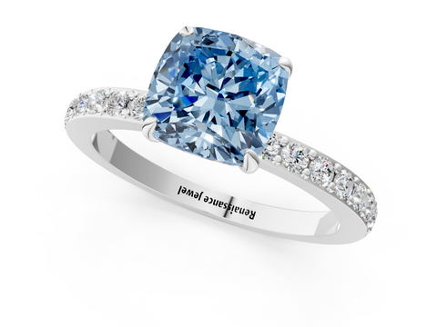 White gold Fancy Blue Cushion  Cut Diamond Ring with Pavé Band and Four-Prong Setting_68